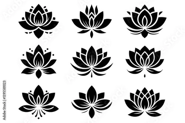 Obraz lotus flower silhouette logo set | minimal lotus flower logo set – black silhouette icons for meditation and wellness | minimalist vector icons for yoga and spa