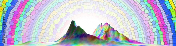 Fototapeta Abstract, colorful landscape with hexagonal patterns covering the surface and two prominent peaks. A pastel mosaic-like dome in the background creates a vibrant and surreal atmosphere.