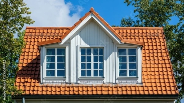 Obraz Elegant Copper Roof with Dormer Windows, Showcasing a Beautiful Home Building with White Shades and Rectangular Glass Panes