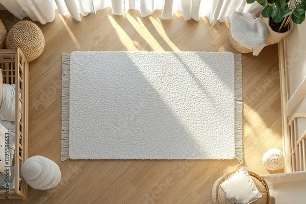 Fototapeta Mock up for carpet. Children room interior in minimalist, contemporary style. Top view. Free, copy space on parquet floor for your carpet or rug design. Modern template. 3D rendering