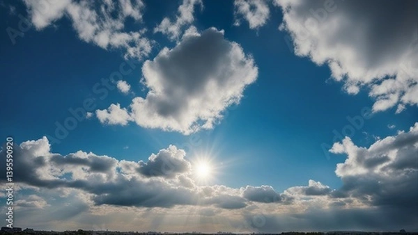 Fototapeta sky and clouds a clear blue sky with white fluffy clouds and sun rays wide view of a clear blue sky with some white
