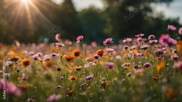 Fototapeta field of flowers a field of flowers with the sun shining in the background  