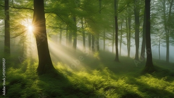 Fototapeta morning in the woods a forest with sunbeams shining through the trees at dawn