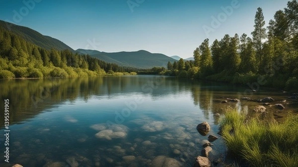 Fototapeta lake and mountains a lake surrounded by trees and rocks in summer