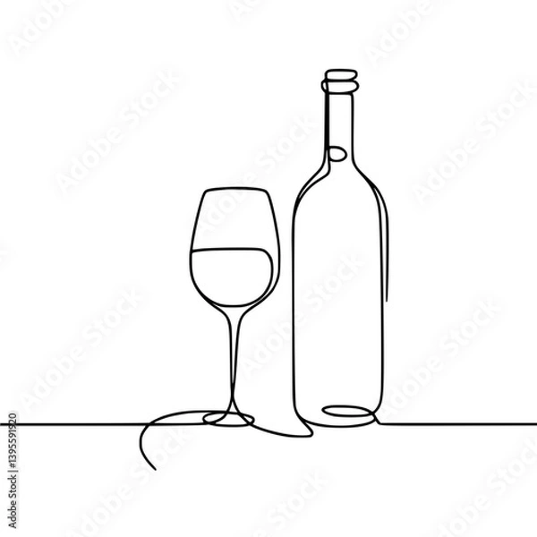 Fototapeta Single line art of a wine bottle and glass on a minimalistic background  