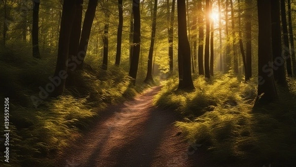 Fototapeta morning in the forest a path through a forest with the sun shining through the trees woods
