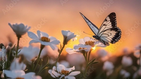Fototapeta butterfly on a flower A spring or summer nature background with blooming white flowers and a flying butterfly  