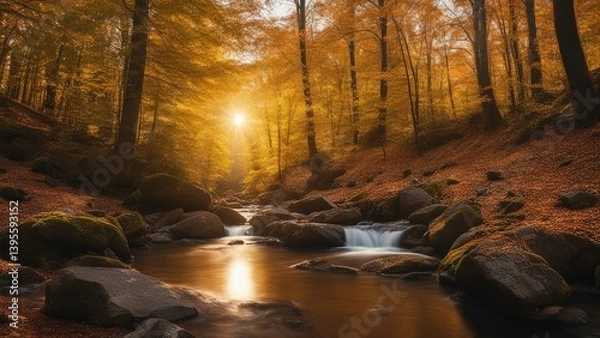 Fototapeta waterfall in autumn a stream in the woods with a bright sun shining through the trees
