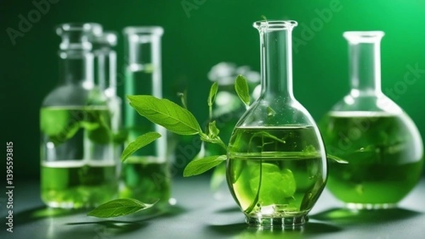 Fototapeta laboratory glassware with green liquid biology laboratory nature and science, plants with biochemistry structure and chemical formula  