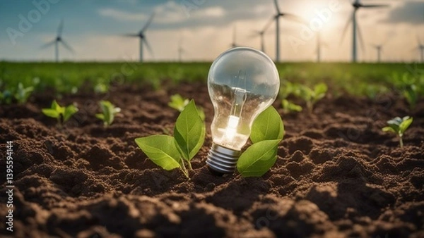 Fototapeta green energy concept concept idea clean energy in nature, lightbulb with solar panel and wind turbine on soil  