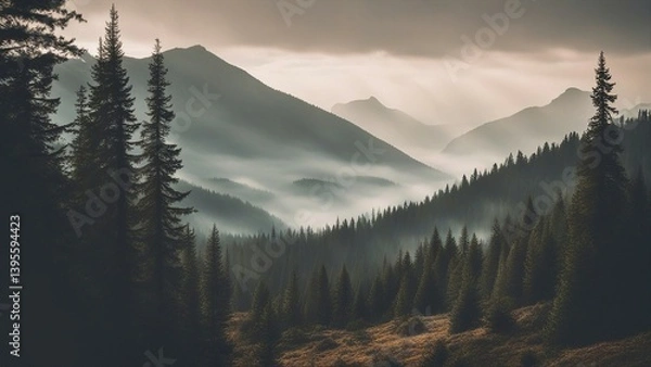 Fototapeta fog in the mountains misty landscape with fir forest in hipster vintage retro style  