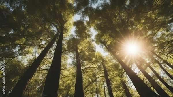 Fototapeta sun rays through trees the sun shining through the trees in the forest at sunset