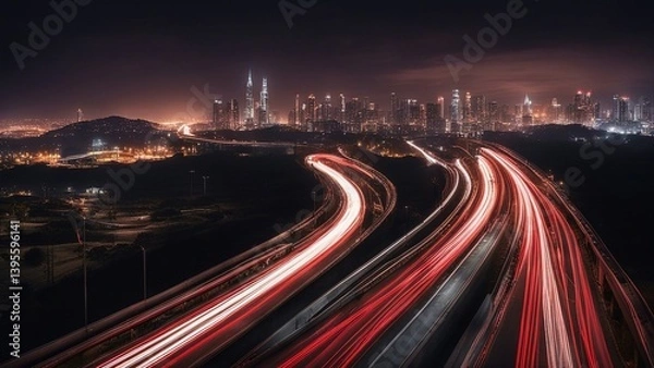 Fototapeta traffic on highway at night _Light trails on a highway at night. The image shows the motion of car lights as they speed along  