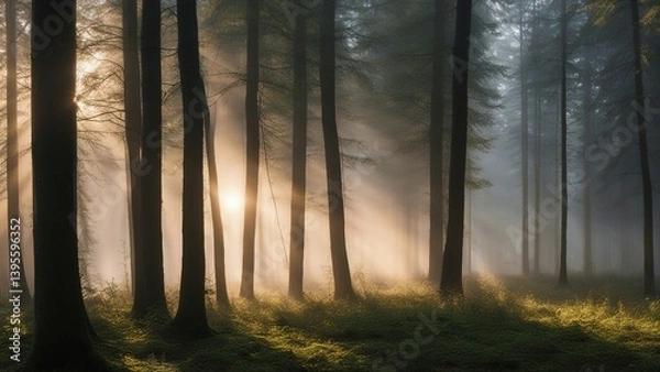 Fototapeta A beautiful nature at morning in the misty spring forest with sun. The forest is full of life 