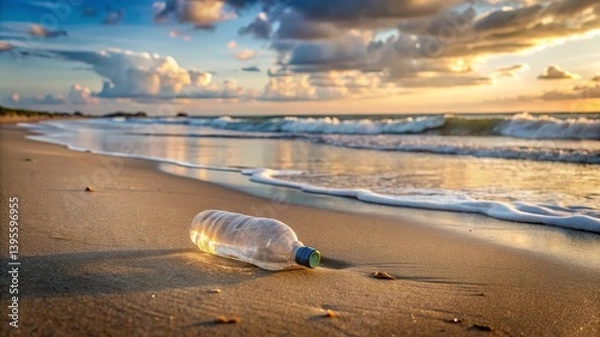 Obraz Lone plastic bottle on empty beach, stark ocean pollution scene