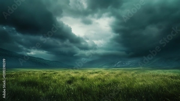 Obraz A vast grassy plain under a menacing, dark sky.