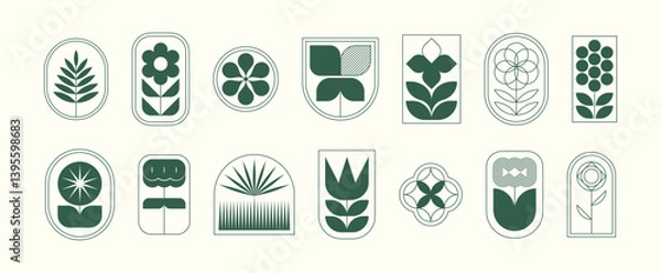 Fototapeta Set of minimalist plant and flower logos. Botanical emblems and symbols. Various floral vector illustrations in geometric style.