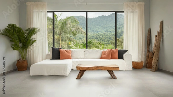 Fototapeta Modern living room with mountain view and natural decor elements in serene setting