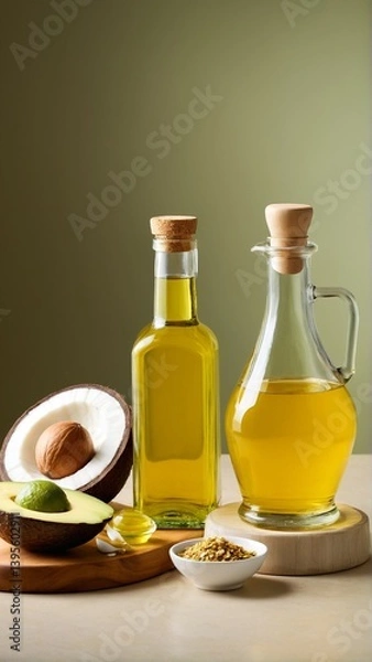 Fototapeta Golden Oils and Tropical Fruits: A Healthy Still Life Featuring Avocado, Coconut, and an Array of Culinary Flavors.
