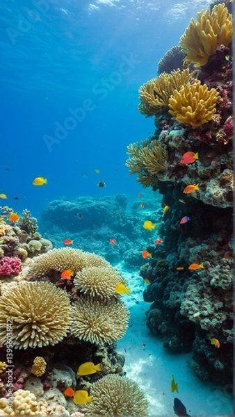 Fototapeta Vibrant coral reef teeming with life, showcasing colorful fish swimming amidst the coral structures in a beautiful underwater ecosystem.