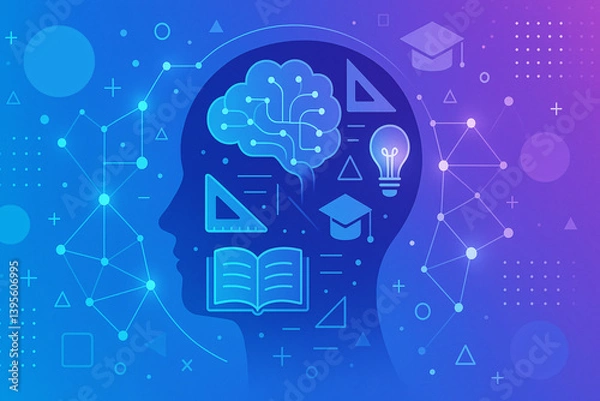 Obraz Artificial Intelligence and E-Learning Concept with Educational Icons and Neural Network on Gradient Background