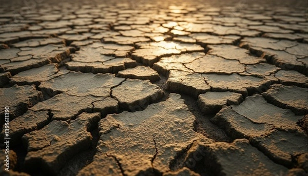 Obraz Weathered calcrete crusts on a vast, silica-rich mudflat, with cracks and fractures illuminated by golden light.