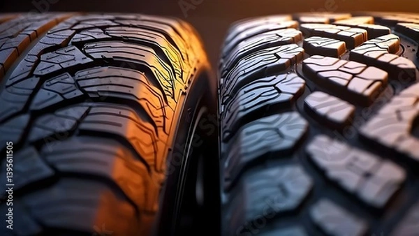 Obraz Two close-up tires displaying different tread patterns, highlighting their textures and design for various performance. Concept Tire Design Comparison, Tread Patterns Explained, Performance Features