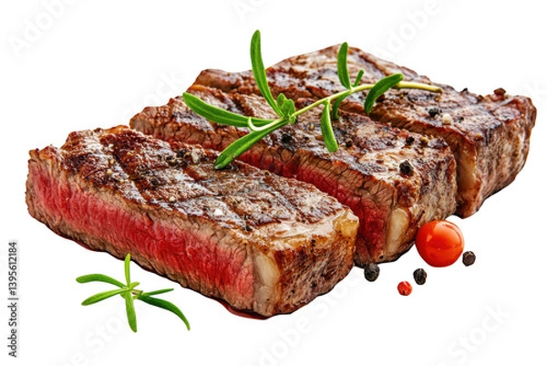 Obraz Close up of sliced steak with rosemary and peppercorns on plate on transparent background