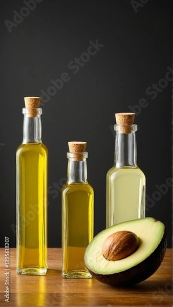 Fototapeta Golden Elixir: Three Glass Bottles of Infused Oil with a Fresh Avocado Half on a Wooden Surface.