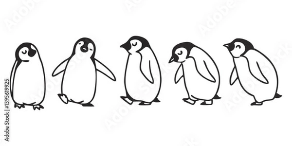 Fototapeta Penguin Vector Collection – Stylized Emperor Penguins Walking, Swimming, and Grouped in Arctic Wildlife Scene.