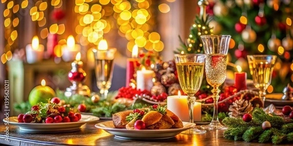 Fototapeta Elegant Festive Table Setting with High Depth of Field - Holiday Dinner Decor