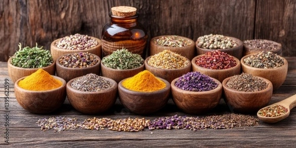 Fototapeta A collection of wooden bowls filled with various herbs, spices, and grains, perfect for culinary or natural health themes.