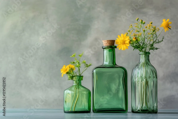 Obraz 
Three green glass bottles of different sizes, one with yellow flowers and leaves inside, are placed on the table against a gray background.
