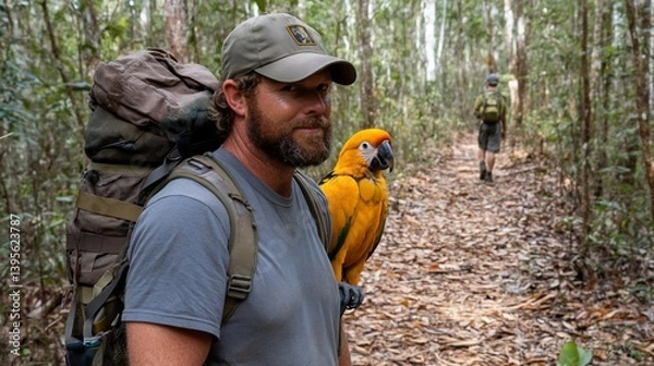 Fototapeta Adventurous Man with Parrot in Lush Forest
