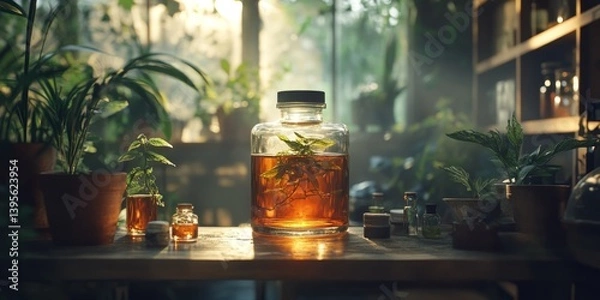 Fototapeta Glass jar with liquid on a wooden shelf with plants, creating an inviting scene for natural remedies or aromatherapy themes.