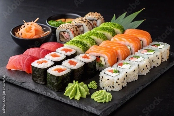 Fototapeta Image of a diverse sushi set with rolls, nigiri and sashimi.