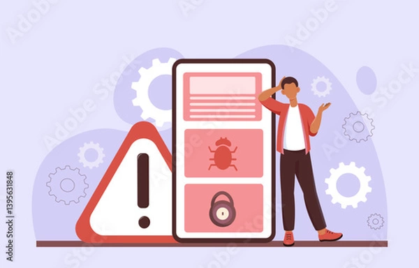 Obraz Mobile security alert and confused man. Vector illustration