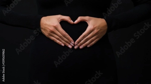 Fototapeta Woman's hands forming heart on belly, black background