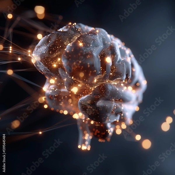Fototapeta Glowing AI brain with circuit patterns and data flow