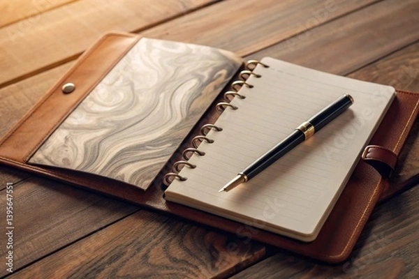 Fototapeta Artistic ink flowing from pen onto open leatherbound notebook on wooden table in studio setting abstract design creative concept