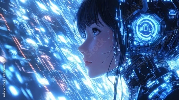 Fototapeta A futuristic anime girl with glowing cybernetic enhancements amidst a digital matrix.