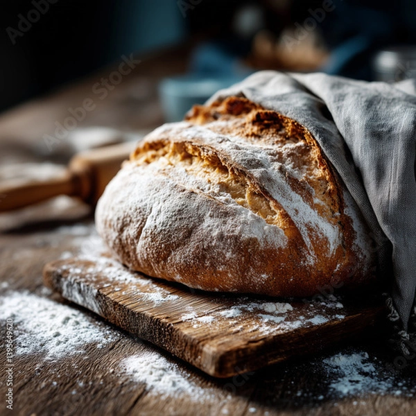 Fototapeta Freshly baked sourdough bread on a wooden cutting board with flour dusting