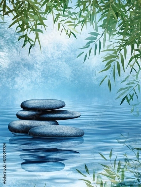Fototapeta Serene zen stones in tranquil water, framed by bamboo