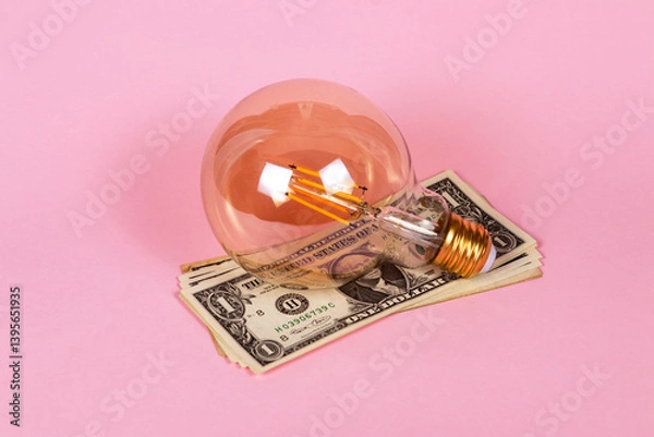 Fototapeta  Light bulb on a stack of dollar bills on a pink background