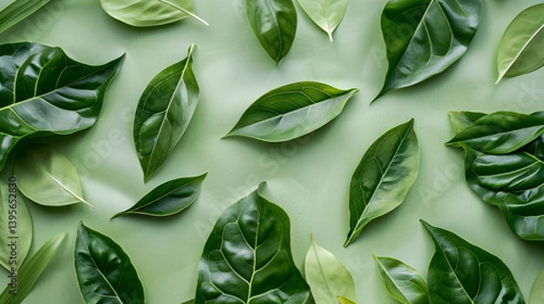 Fototapeta A light green background with tropical leaves, creating a nature-inspired, high-quality wallpaper for presentations.

