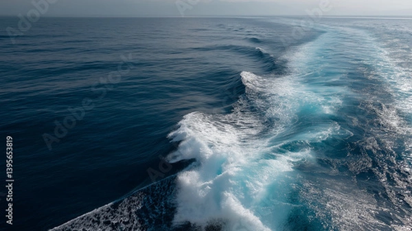 Fototapeta Close-up of a cruise ship's wake in the deep blue ocean