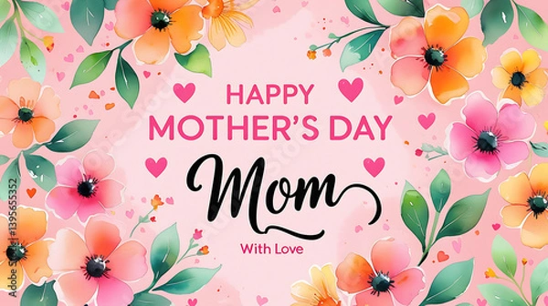 Fototapeta Mother's Day Greeting Card Illustration Pastel Floral Design with Bold MOM Text and Elegant Script Message