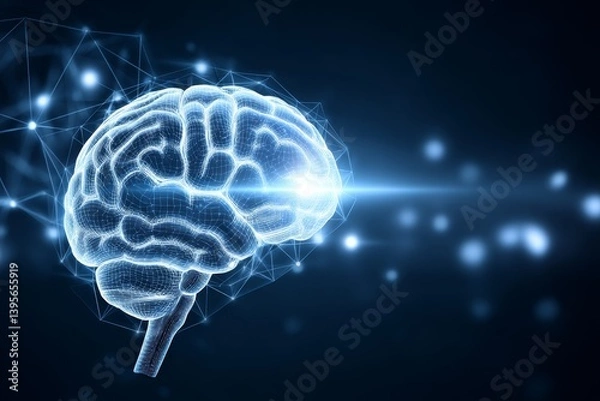 Obraz Brain Network - A wireframe model of a human brain, illuminated, set against a dark blue background with glowing particles