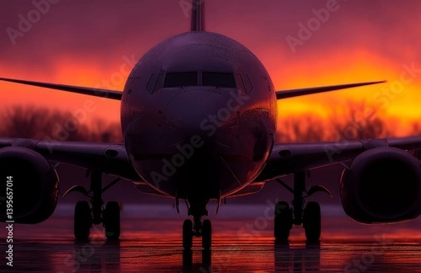 Fototapeta  an airplane sitting on top of an airport tarmac at sunset, with trees in the background and the sky illuminated in a beautiful array of oranges, pinks, and purples