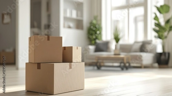 Fototapeta Moving Boxes Stacked in an Empty Living Room with Soft Light